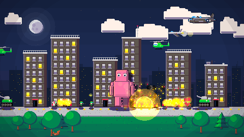 The pink giant stomping a city street at dusk as tanks, helicopters and a bomber attack