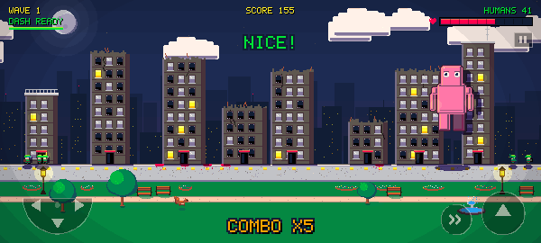 Tiny Humans Mobile on a wide phone: the giant stomping through the city park, with the d-pad and the JUMP and DASH buttons on screen