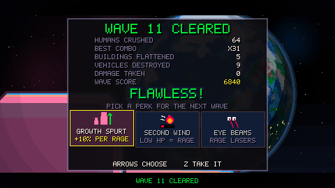 The wave tally with a FLAWLESS! stamp and three perk cards: Growth Spurt, Second Wind and Eye Beams