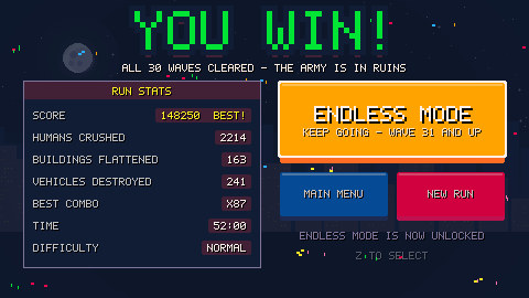 The YOU WIN! screen with run stats and an Endless Mode button