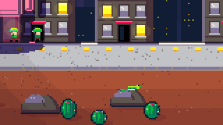Desert: a lizard and a snake among the rocks and cacti below the street