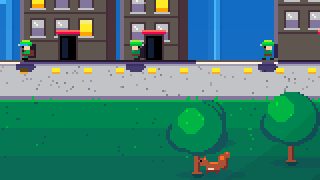 Grassland: a squirrel running under the trees below the street