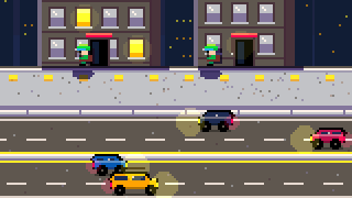 Highway: cars, taxis and vans streaming along four lanes below the street