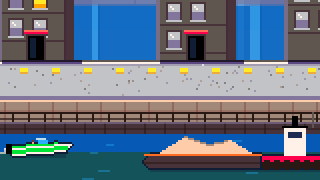 Riverfront: a speedboat racing past a barge below the promenade